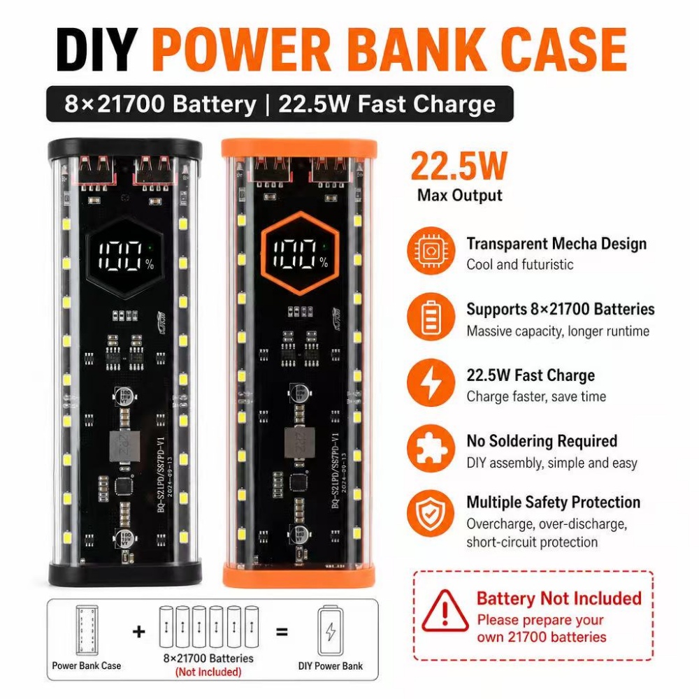 Diy Electronics Hobby - Casing Baterai 8*21700 22.5W Pengisian Cepat